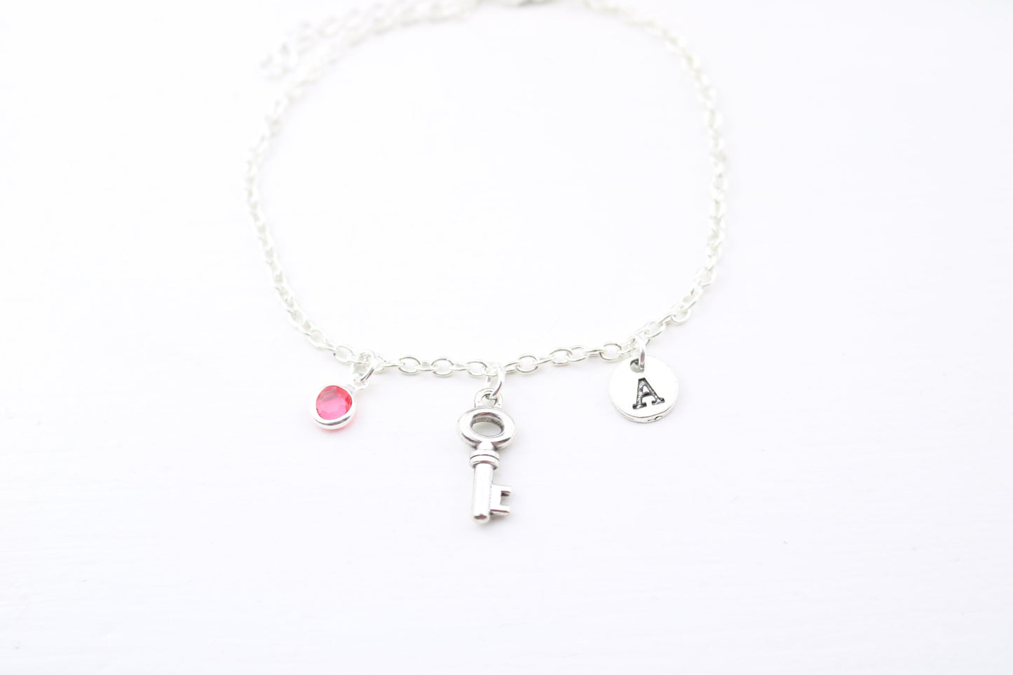 Personalized Key Charm Anklet: Silver Initial, Birthstone Ankle Bracelet