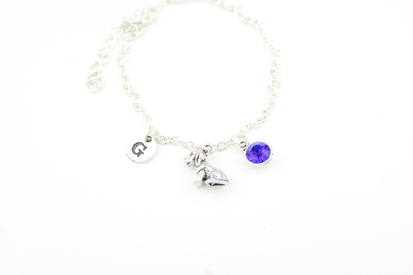 Dog Charm Anklet: Personalized Initial, Silver Puppy Jewelry