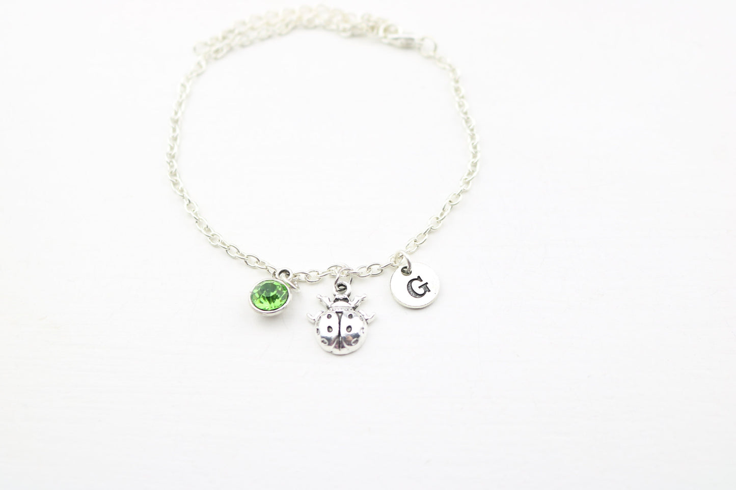 Ladybug Charm Anklet: Silver Ladybird, Birthstone, Monogram Jewelry