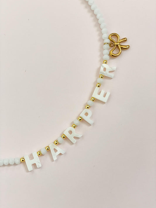 Custom name necklace for kids, personalized necklace for little girls, mother of Pearl name lecklace, kids handmade necklaces, gift for girl