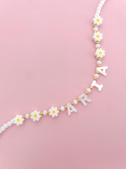 Daisy Custom name necklace, mother of Pearl name necklace, beaded name necklace, gift for toddlers, birthday gift for kids, flower girl gift
