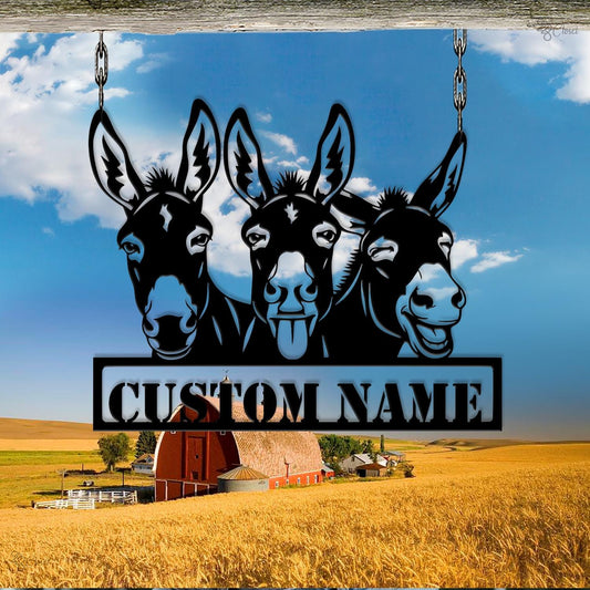 Funny Donkey Sign, Custom Donkey Name Sign, 3 Donkeys Hanging Metal Sign, Farm Animal Gift, Barnyard animal art, Name sign donkey, Farm sign