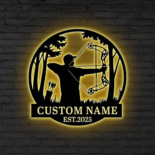 Custom Bow Hunter LED Sign, Personalized Archery Wall Light, Bow Hunter Metal Wall, Hunter LED Sign, Gift for hunter, Archery room decor