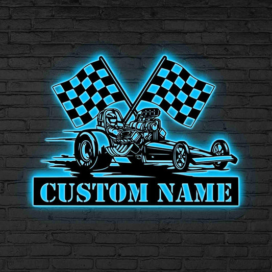 Custom Drag Racing LED Sign, Personalized Race Car Neon Wall, Gift for dad, Dragster Car Custom Name, Sign with Checkered Flag, Dad Gift