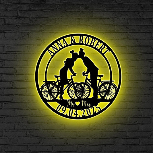 Personalized Couple Cyclists Metal Sign LED Lights, Metal Cyclists Gift, Anniversary Gift, Bicycle Lovers Gift, Wedding Gift, Biker gifts