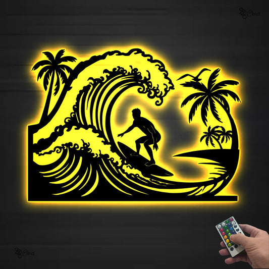 Surfing LED Metal Sign, Surfer Riding Wave Wall Light, Beach Ocean Art, Coastal Beach House Sign, Ocean lover gift, Gift for dad, Beach sign