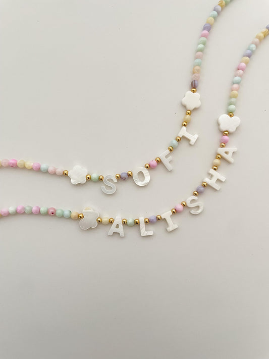 Colorful Custom name necklace, mother of Pearl letter name necklace, kids bright beaded necklace, gift idea for toddlers, kids birthday gift