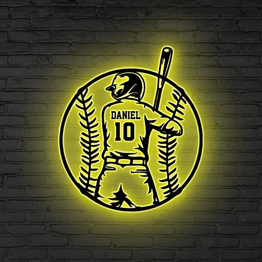Personalized Baseball Metal Wall Decor LED Lights, Baseball Player Gift Xmas Gift for him Baseball Gift, Kid Room Decor, Baseball Gifts Home