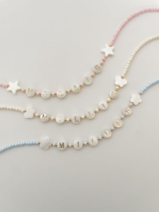 Toddler name necklace, natural pearl beaded necklace, kids bright beaded necklace, gift idea for toddlers, Christmas gift for little girls