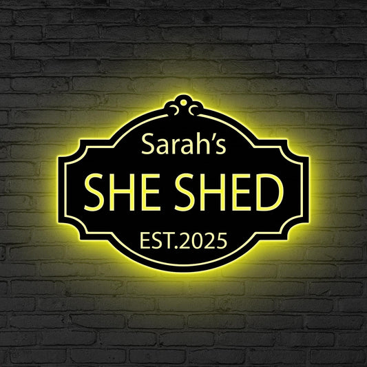 Personalized She Shed Metal Sign with LED Lights, Craft Room Decor, Custom Metal Outdoor Sign, Women Cave Sign, Gift for Her, Outdoor Decor