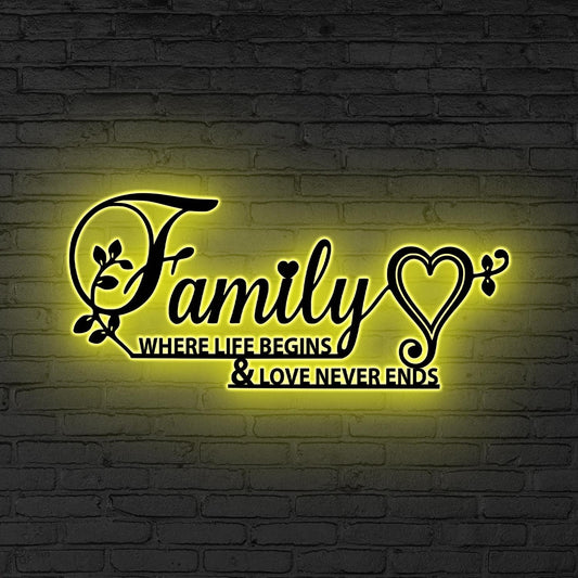 Family Metal Word Art LED lights Family Where Life Begins Family Metal Sign Housewarming Gifts Closing Gifts Farmhouse Decor Home Decor