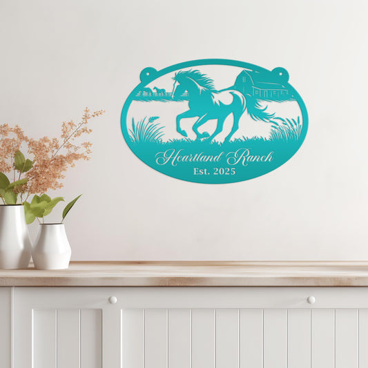 Horse Ranch Metal Sign - Personalized Farmhouse DΓ©cor - Charming Western Horse Art - Custom Wall Hanging - Outdoor Horse Farm Name Signs