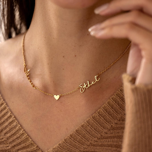 Personalzied Two Names Necklace, Couple Name Necklace with Heart, Valentine's Day Gift for Wife, Custom Name Jewelry, Handmade Gift for Mom