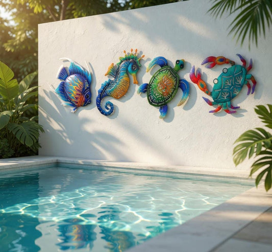 Coastal Sea Life Metal Wall Art Set, Colorful Fish Turtle Seahorse Crab Decor, Tropical Outdoor Wall Hanging