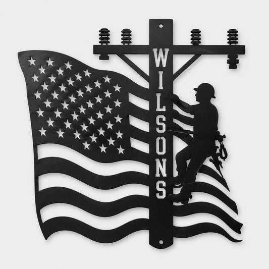 Personalized Lineman LED Sign, Custom Name American Flag Metal Wall Light for Garage or Man Cave