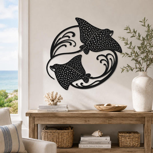 Manta Ray Metal Wall Decor, Round Ocean Wall Art With Seaweed For Living Room Bathroom Or Patio