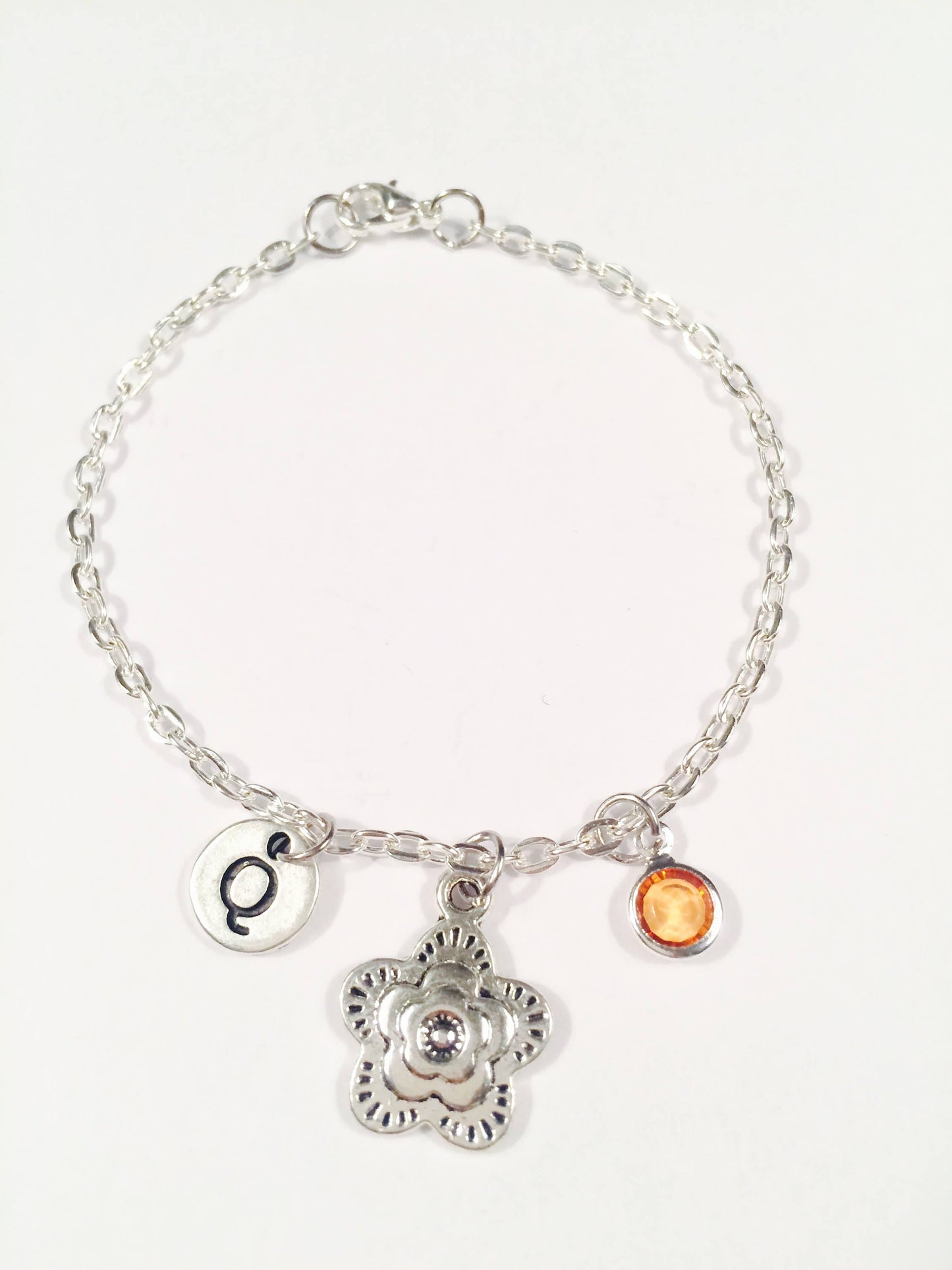 Silver Flower Anklet: Personalized Initial & Birthstone Charm
