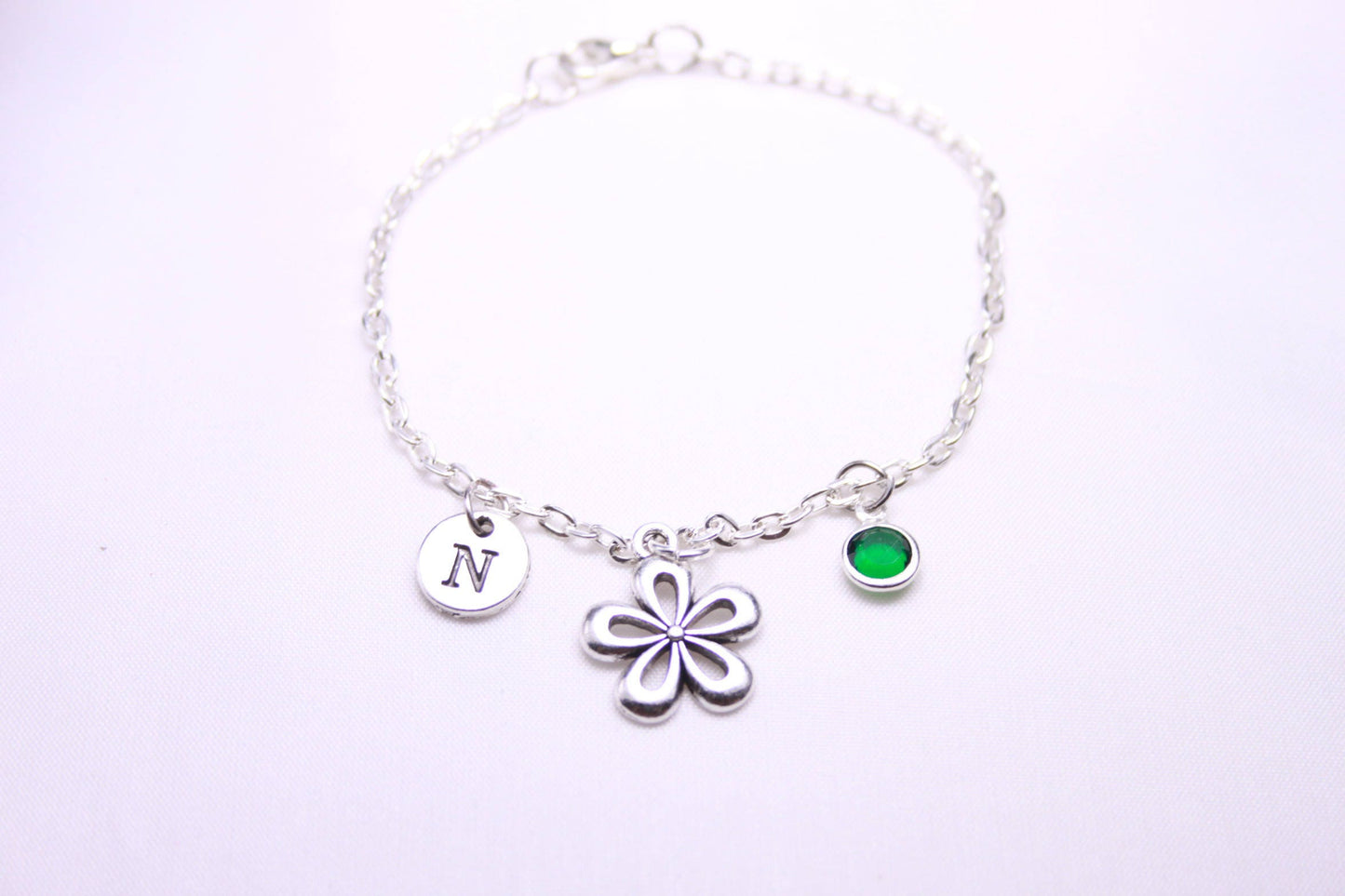 Silver Flower Charm Anklet: Personalized Birthstone Ankle Jewelry