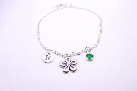 Silver Flower Charm Anklet: Personalized Birthstone Ankle Jewelry