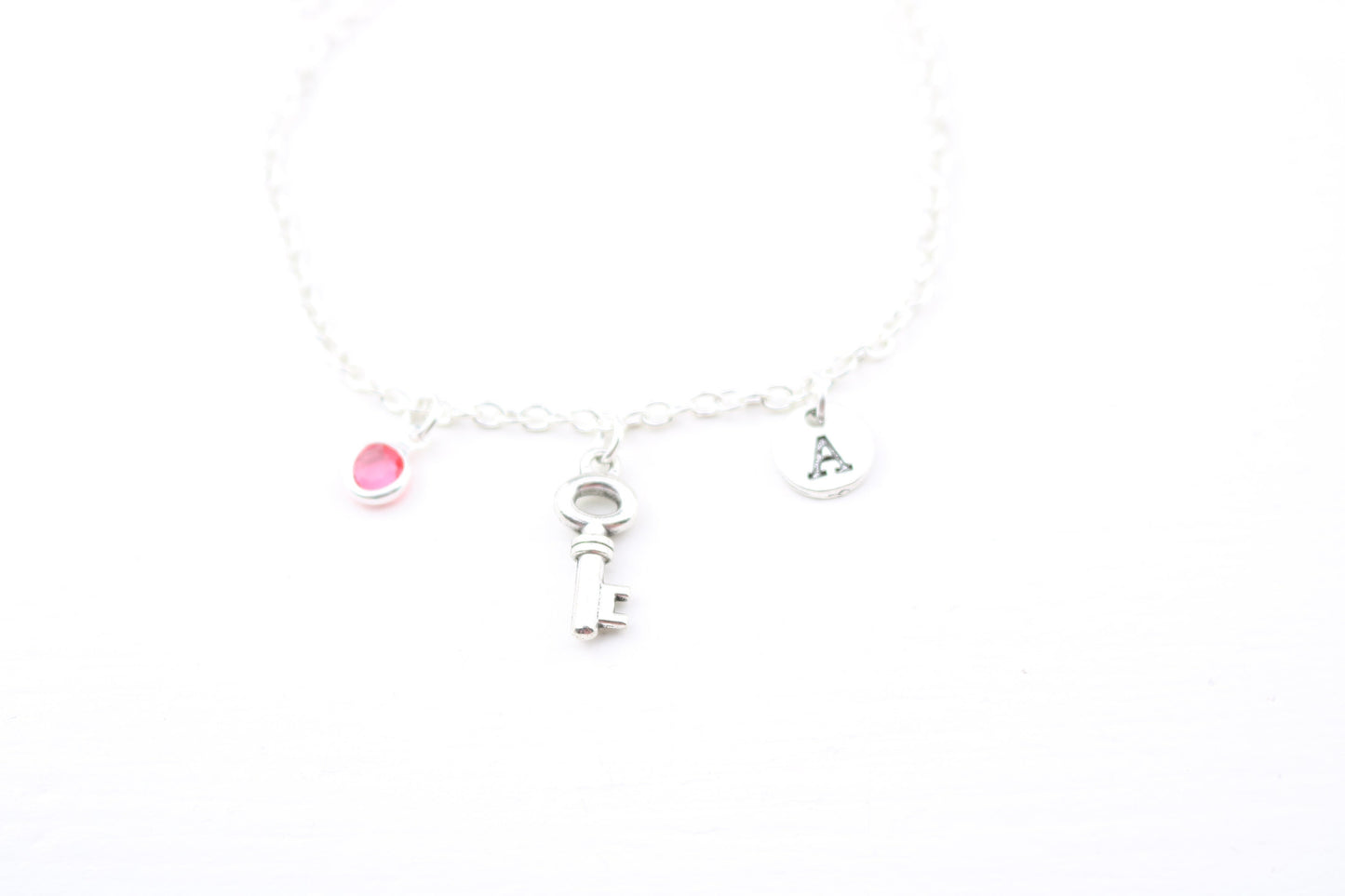 Personalized Key Charm Anklet: Silver Initial, Birthstone Ankle Bracelet