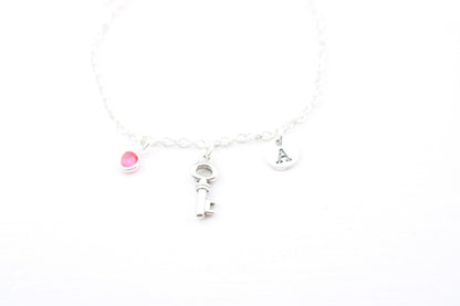 Personalized Key Charm Anklet: Silver Initial, Birthstone Ankle Bracelet