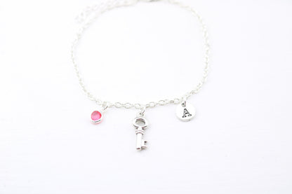 Personalized Key Charm Anklet: Silver Initial, Birthstone Ankle Bracelet