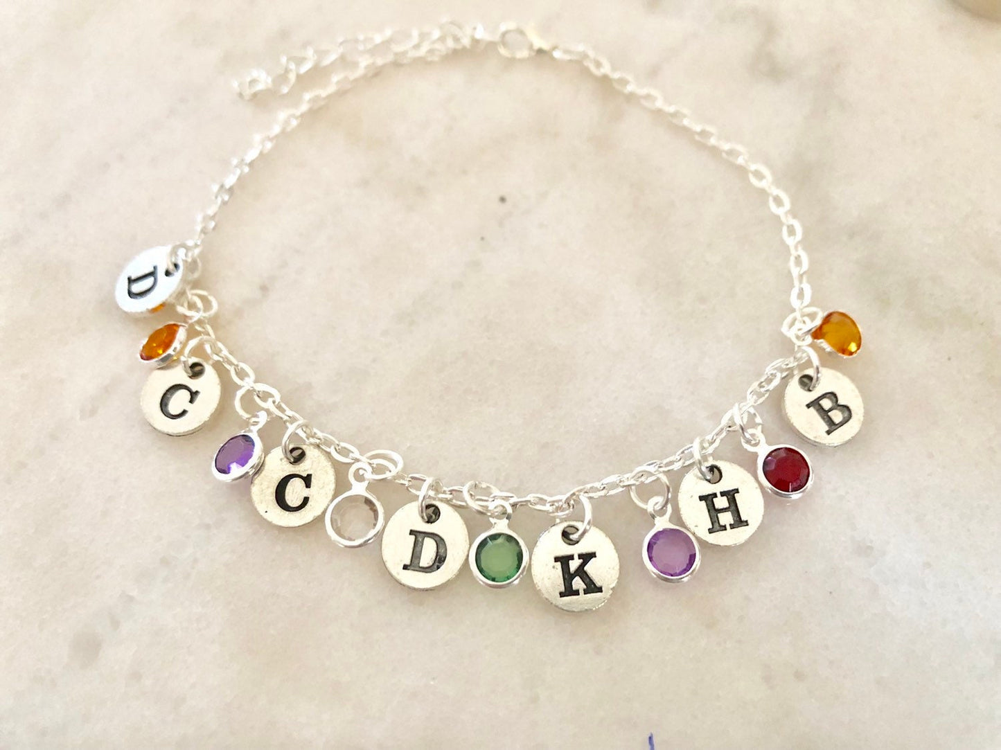 Initial Birthstone Silver Anklet: Personalized Family Jewelry Gift