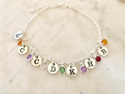 Initial Birthstone Silver Anklet: Personalized Family Jewelry Gift