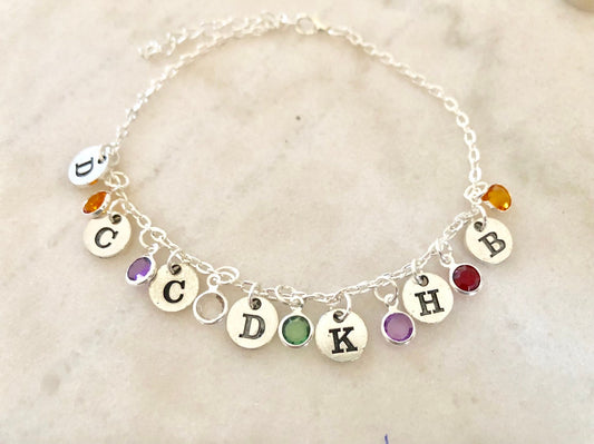 Initial Birthstone Silver Anklet: Personalized Family Jewelry Gift