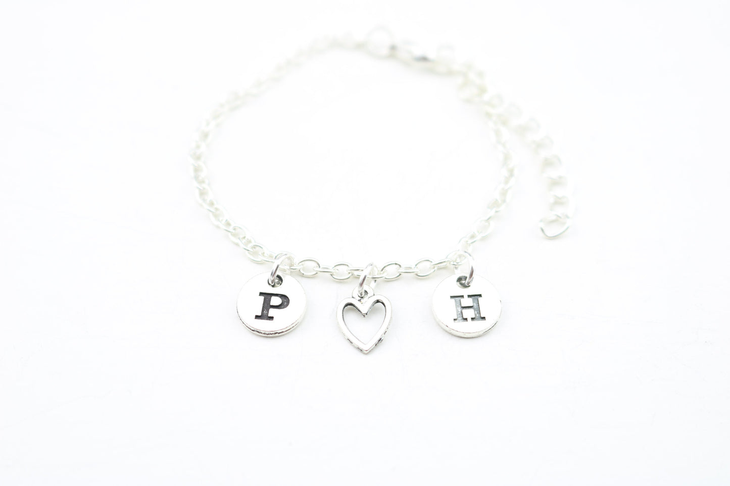 Silver Initial Anklet: Double Initial Heart, Custom Letter Charm