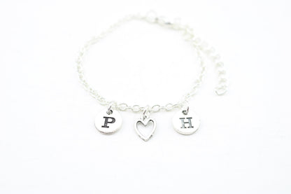 Silver Initial Anklet: Double Initial Heart, Custom Letter Charm