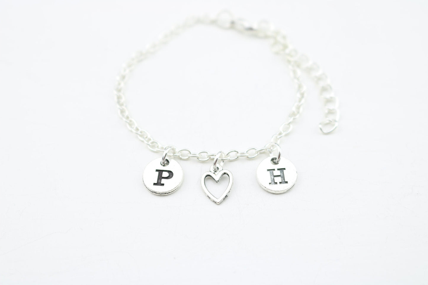 Silver Initial Anklet: Double Initial Heart, Custom Letter Charm