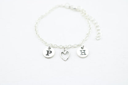 Silver Initial Anklet: Double Initial Heart, Custom Letter Charm