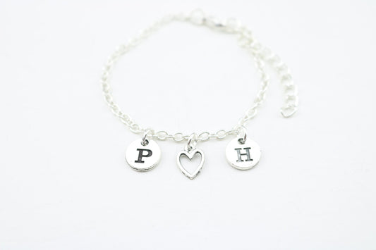 Silver Initial Anklet: Double Initial Heart, Custom Letter Charm