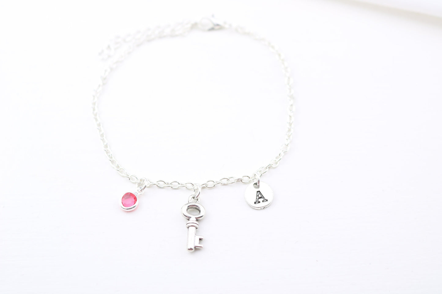 Personalized Key Charm Anklet: Silver Initial, Birthstone Ankle Bracelet