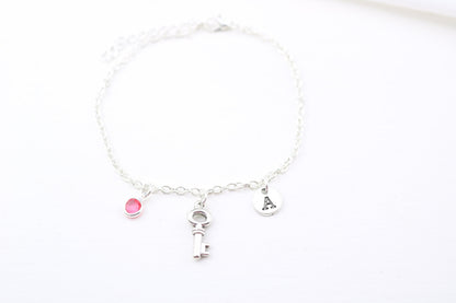 Personalized Key Charm Anklet: Silver Initial, Birthstone Ankle Bracelet