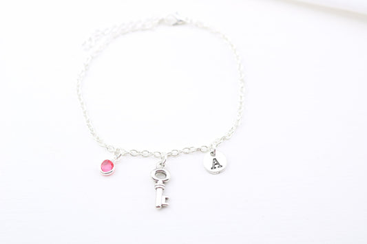 Personalized Key Charm Anklet: Silver Initial, Birthstone Ankle Bracelet