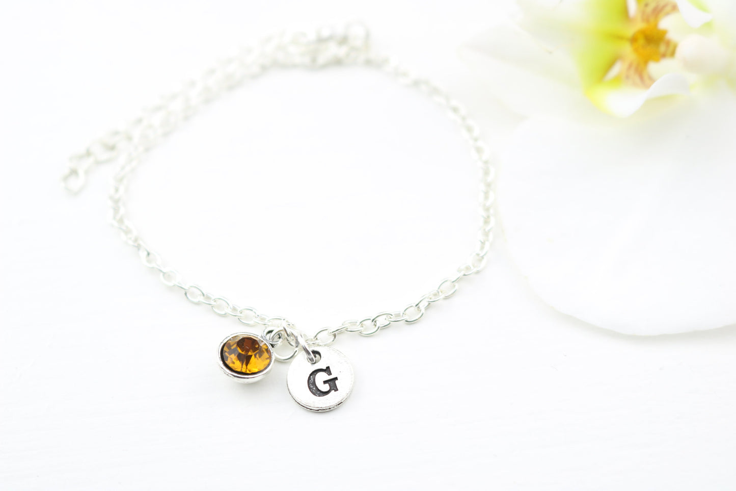 Initial Birthstone Anklet: Personalized Silver Chain Jewelry