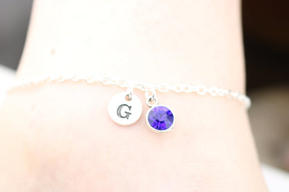 Initial Birthstone Anklet: Personalized Silver Chain Jewelry