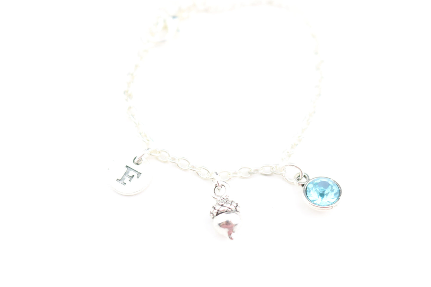 Silver Acorn Anklet: Personalized Initial Charm, Dainty Foot Jewelry