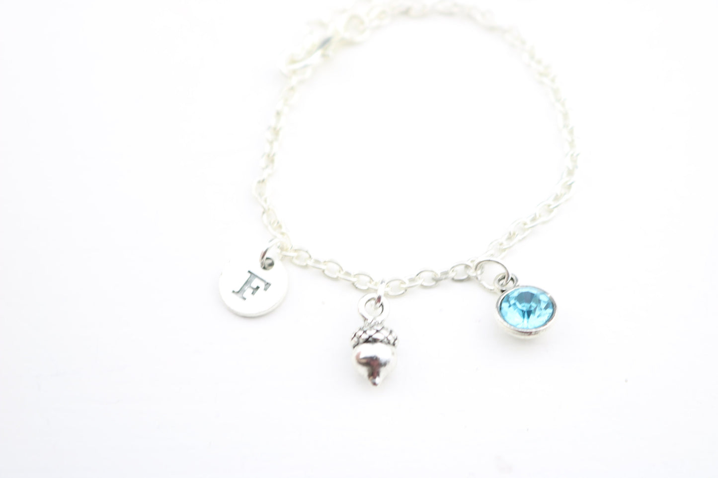 Silver Acorn Anklet: Personalized Initial Charm, Dainty Foot Jewelry