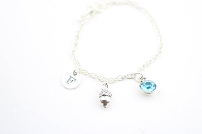 Silver Acorn Anklet: Personalized Initial Charm, Dainty Foot Jewelry