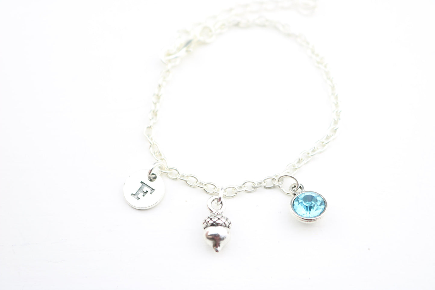 Silver Acorn Anklet: Personalized Initial Charm, Dainty Foot Jewelry