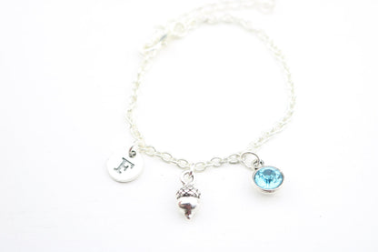 Silver Acorn Anklet: Personalized Initial Charm, Dainty Foot Jewelry