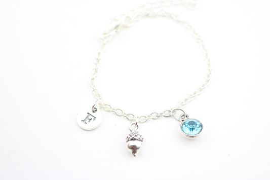 Silver Acorn Anklet: Personalized Initial Charm, Dainty Foot Jewelry