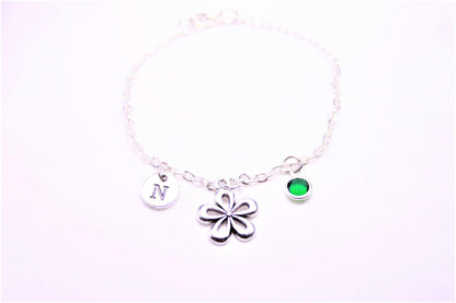 Silver Flower Charm Anklet: Personalized Birthstone Ankle Jewelry