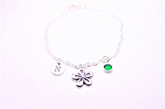 Silver Flower Charm Anklet: Personalized Birthstone Ankle Jewelry