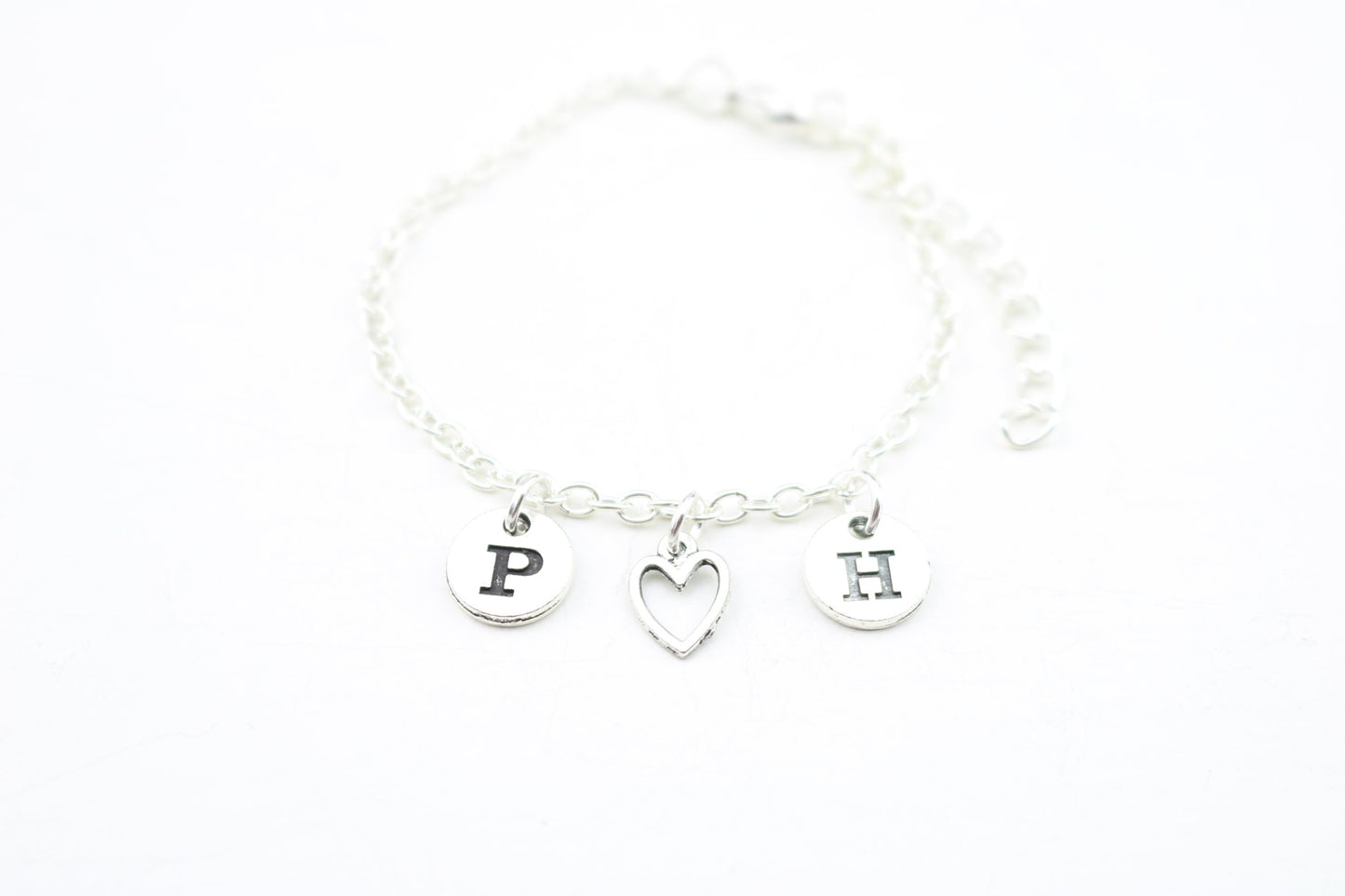 Silver Initial Anklet: Double Initial Heart, Custom Letter Charm