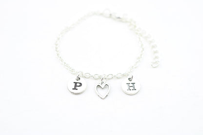 Silver Initial Anklet: Double Initial Heart, Custom Letter Charm