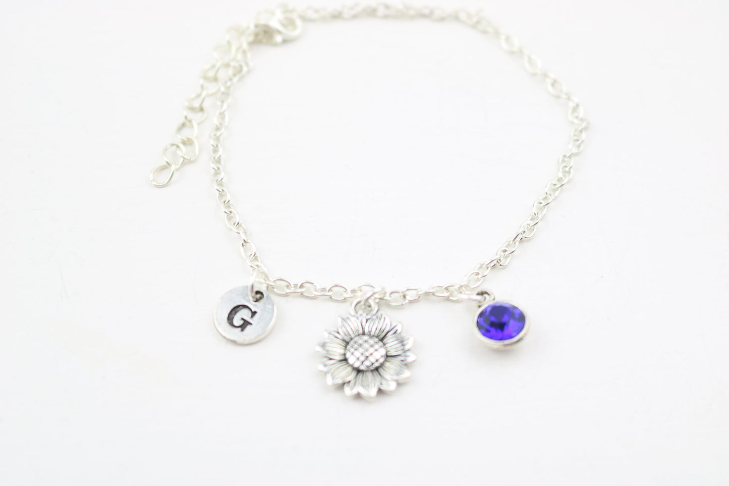 Sunflower Ankle Bracelet: Silver Floral Anklet, Personalized Initial